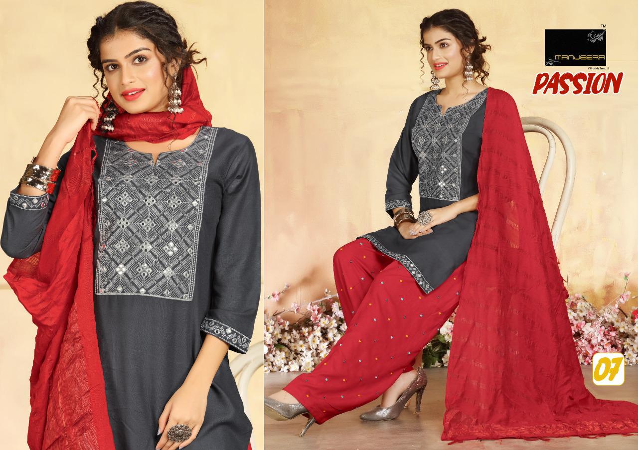 Manjeera Passion Rayon Patiyala work Latest Fancy Designer Festive Wear Readymade Collection